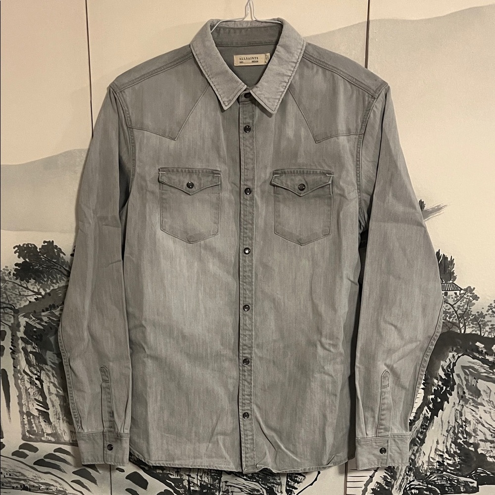All Saints Light Gray Western Snap Button Down Shirt - M